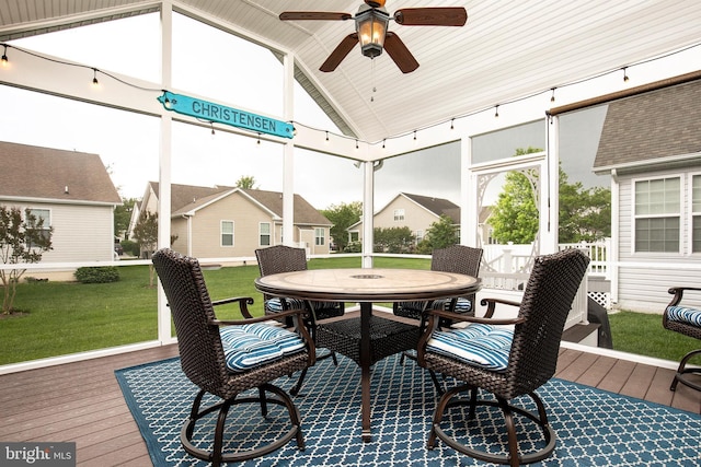 31766 Chablis Ln Unit 76, Lewes, DE 19958 - sunroom with ceiling fan, vaulted ceiling, and outdoor dining space