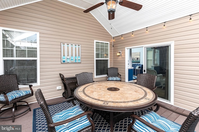 31766 Chablis Ln Unit 76, Lewes, DE 19958 - wooden deck featuring a ceiling fan, outdoor dining space, and a patio area