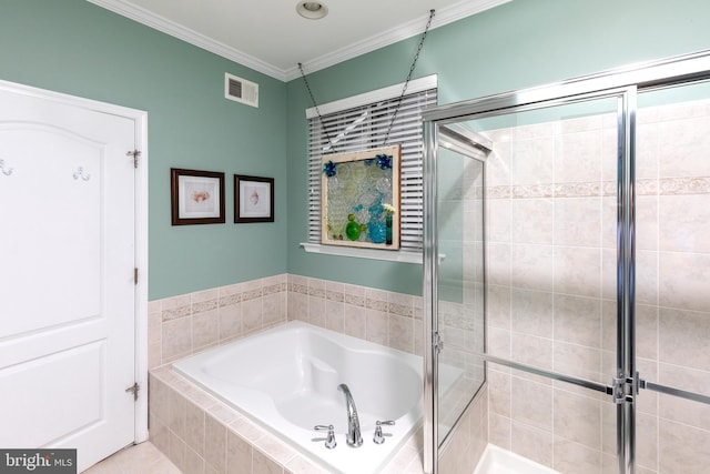 31766 Chablis Ln Unit 76, Lewes, DE 19958 - full bathroom with a bath, a shower stall, and crown molding