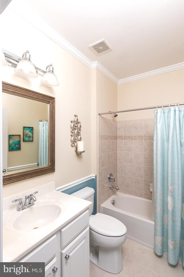 31766 Chablis Ln Unit 76, Lewes, DE 19958 - bathroom featuring crown molding, tile patterned flooring, vanity, toilet, and shower / bath combination with curtain