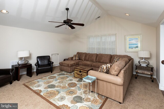 31766 Chablis Ln Unit 76, Lewes, DE 19958 - living area featuring carpet floors, lofted ceiling, a ceiling fan, recessed lighting, and baseboards