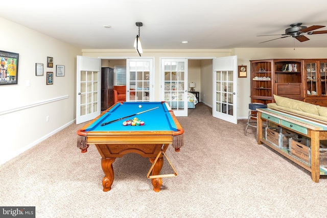 31766 Chablis Ln Unit 76, Lewes, DE 19958 - playroom with french doors, ceiling fan, billiards table, carpet floors, and baseboards