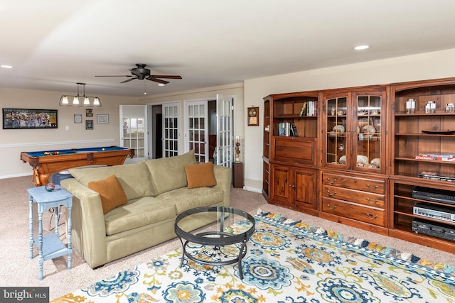31766 Chablis Ln Unit 76, Lewes, DE 19958 - living room featuring carpet floors, a ceiling fan, billiards, baseboards, and recessed lighting