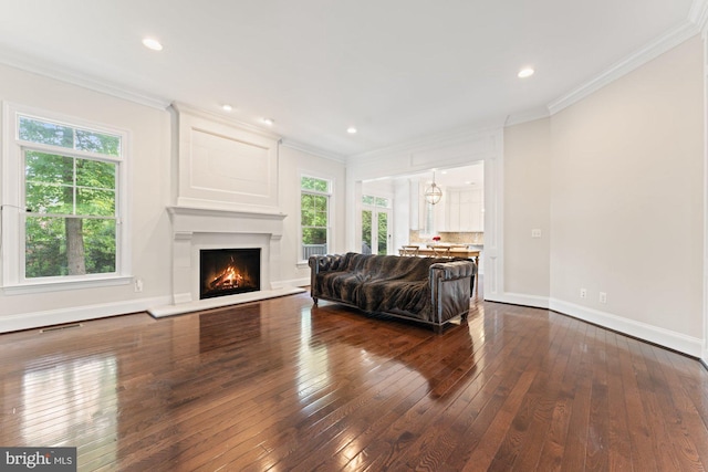 living room with dark wood-type flooring, healthy amount of natural light, baseboards, a fireplace, and crown molding