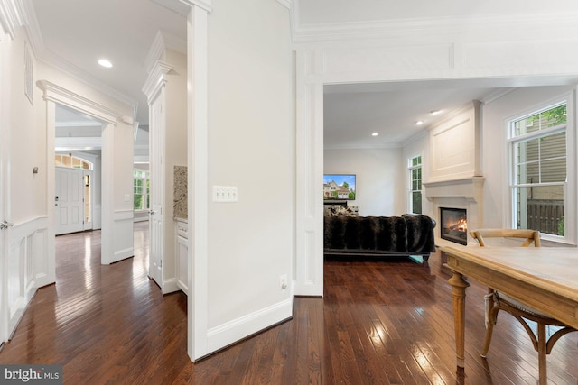 hallway with dark wood-style flooring, ornamental molding, healthy amount of natural light, recessed lighting, and baseboards
