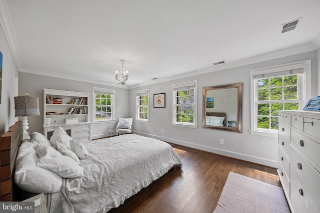 bedroom with a chandelier, ornamental molding, baseboards, and dark wood-style flooring
