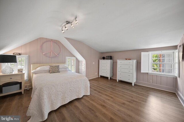 bedroom featuring wood finished floors, lofted ceiling, multiple windows, and baseboards