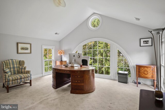 office with carpet flooring, plenty of natural light, high vaulted ceiling, and baseboards