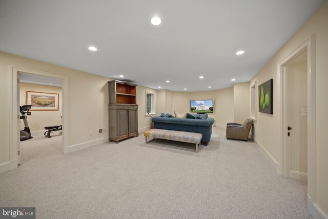 bedroom with carpet floors, recessed lighting, and baseboards