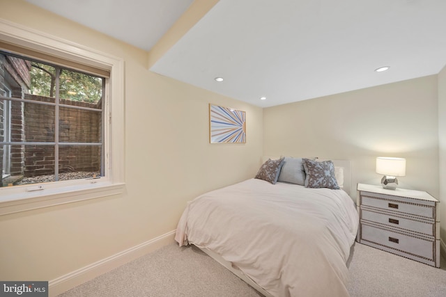carpeted bedroom with baseboards and recessed lighting