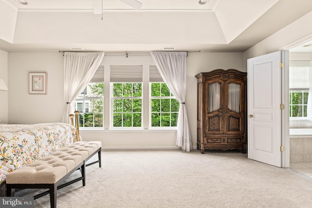 bedroom with carpet flooring, a raised ceiling, and baseboards