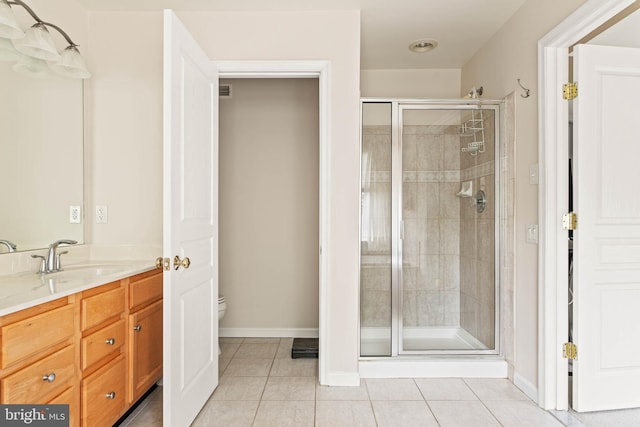 full bathroom with tile patterned floors, a shower stall, toilet, vanity, and baseboards