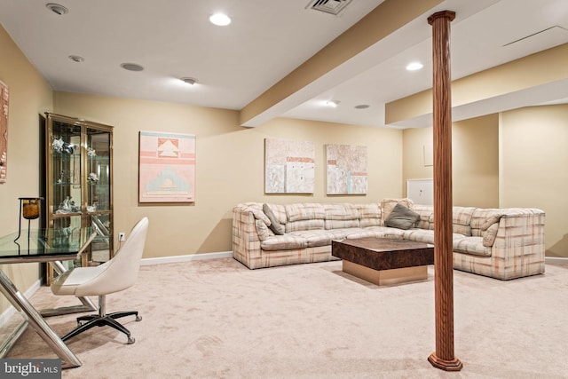 living room featuring carpet floors, recessed lighting, and baseboards