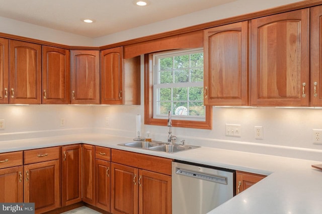 2799 Greenway Ct, Rockingham, VA 22802 - kitchen with dishwasher, a sink, brown cabinetry, light countertops, and recessed lighting
