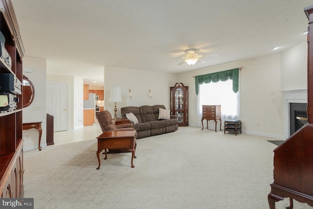 2799 Greenway Ct, Rockingham, VA 22802 - carpeted living room featuring ceiling fan, baseboards, and a glass covered fireplace