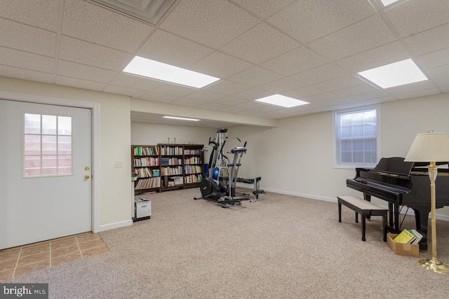2799 Greenway Ct, Rockingham, VA 22802 - workout area featuring carpet, baseboards, and a paneled ceiling
