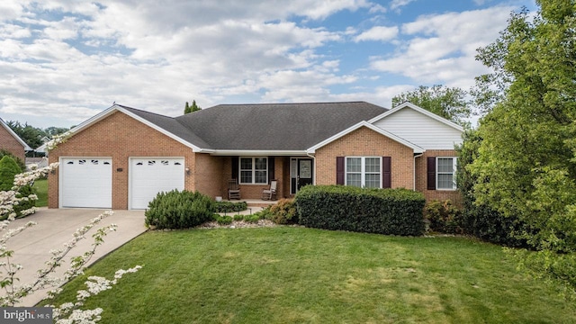 2799 Greenway Ct, Rockingham, VA 22802 - ranch-style house featuring brick siding, driveway, an attached garage, a front yard, and covered porch