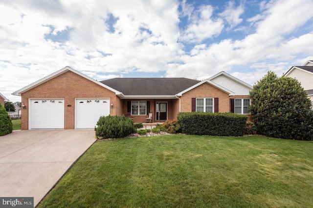 2799 Greenway Ct, Rockingham, VA 22802 - ranch-style house with brick siding, an attached garage, driveway, a front lawn, and a porch