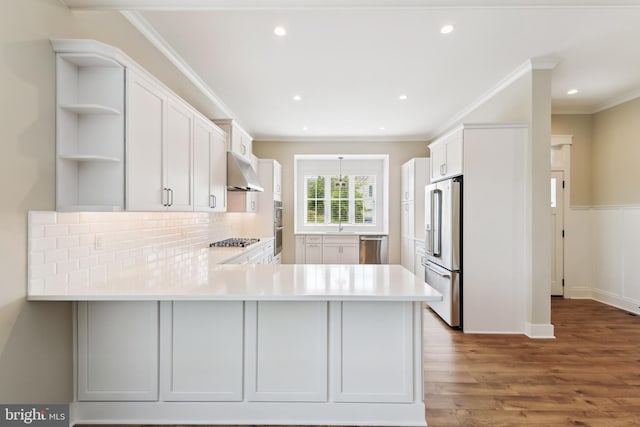 kitchen featuring appliances with stainless steel finishes, under cabinet range hood, open shelves, light countertops, and backsplash
