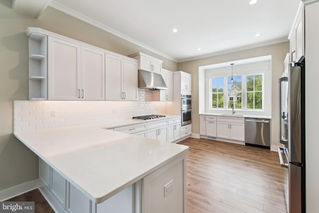 kitchen featuring appliances with stainless steel finishes, a sink, under cabinet range hood, a peninsula, and ornamental molding