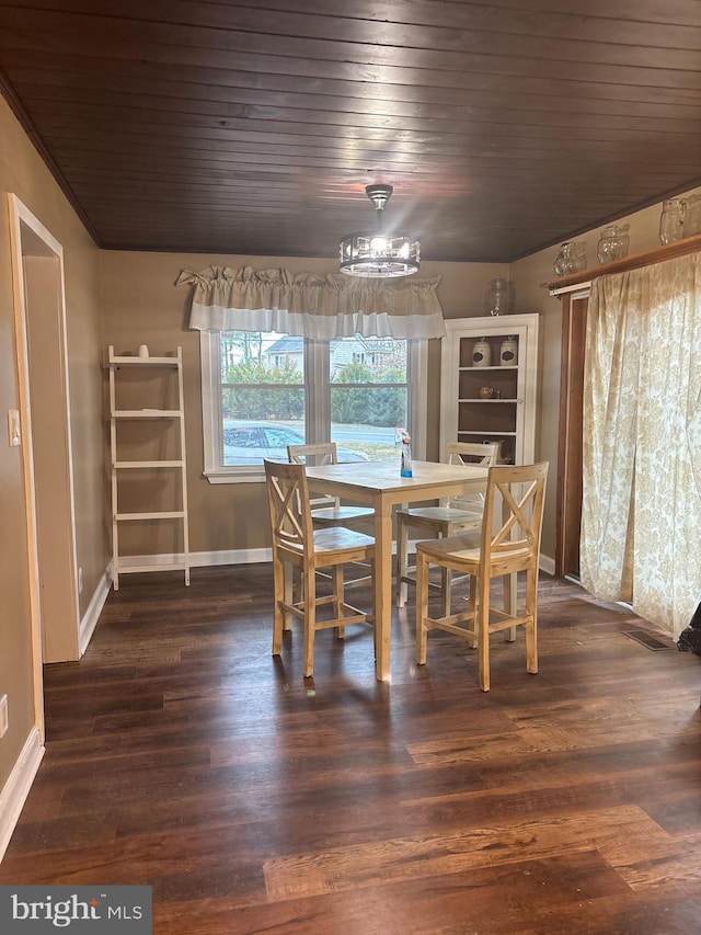 dining room featuring baseboards, wooden ceiling, dark wood-style flooring, and a chandelier