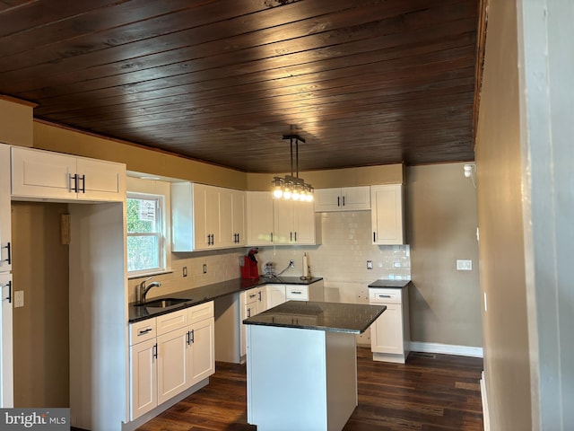 kitchen featuring wood ceiling, a sink, dark wood finished floors, a center island, and white cabinets