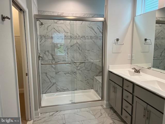 112 Amberfield Ct, Winchester, VA 22602 - full bathroom with marble look tile flooring, a marble finish shower, and double vanity