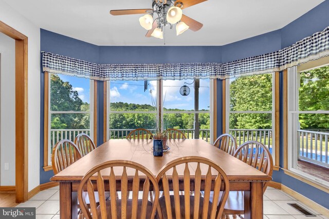 10150 Lapworth Pl, Charlotte Hall, MD 20622 - dining room with light tile patterned floors, ceiling fan, and baseboards