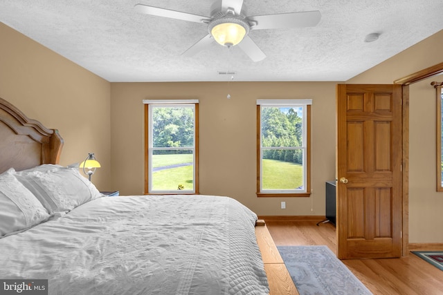 10150 Lapworth Pl, Charlotte Hall, MD 20622 - bedroom with light wood-type flooring, multiple windows, a textured ceiling, baseboards, and ceiling fan