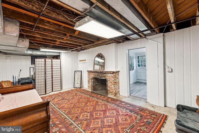 basement featuring a fireplace