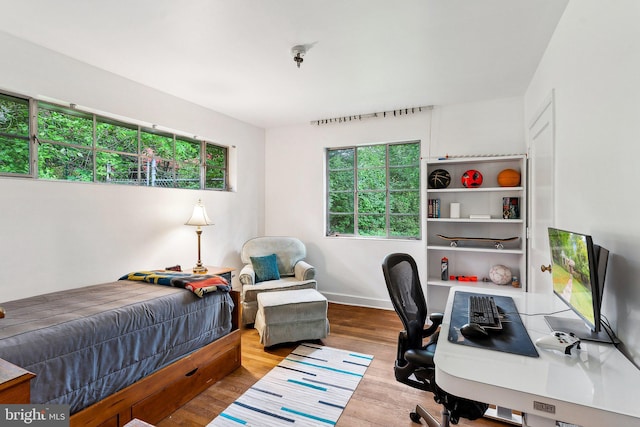 bedroom featuring multiple windows, wood finished floors, and baseboards