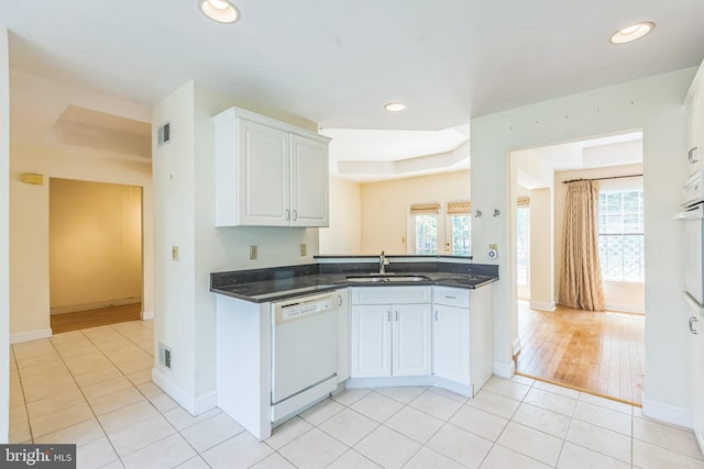 2 Larch Way, Princeton, NJ 08540 - kitchen with dishwasher, dark countertops, white cabinetry, light tile patterned floors, and recessed lighting