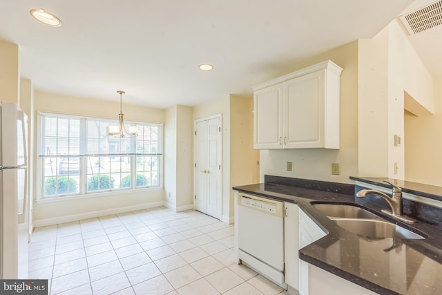 2 Larch Way, Princeton, NJ 08540 - kitchen with white appliances, white cabinetry, light tile patterned flooring, recessed lighting, and decorative light fixtures