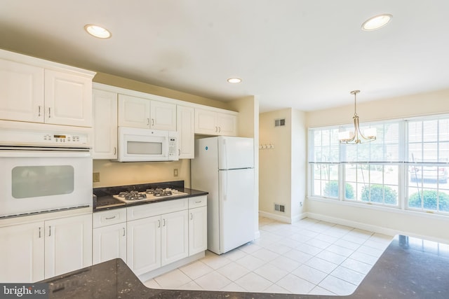 2 Larch Way, Princeton, NJ 08540 - kitchen featuring white appliances, white cabinetry, light tile patterned floors, decorative light fixtures, and recessed lighting