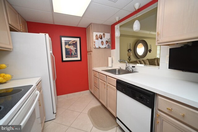 3201 Centennial Sta, Warminster, PA 18974 - kitchen with a sink, white appliances, a paneled ceiling, light countertops, and light tile patterned flooring