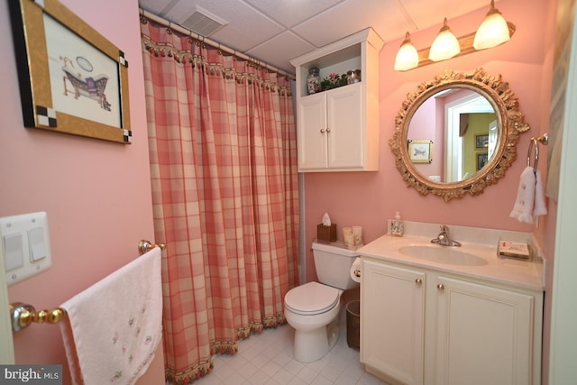 3201 Centennial Sta, Warminster, PA 18974 - full bathroom featuring toilet, vanity, a shower with shower curtain, a paneled ceiling, and tile patterned flooring