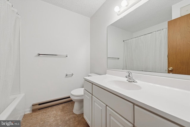 full bathroom with a baseboard radiator, vanity, toilet, a textured ceiling, and a shower with curtain