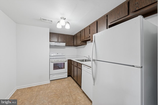 kitchen featuring white appliances, under cabinet range hood, light countertops, dark brown cabinets, and a sink