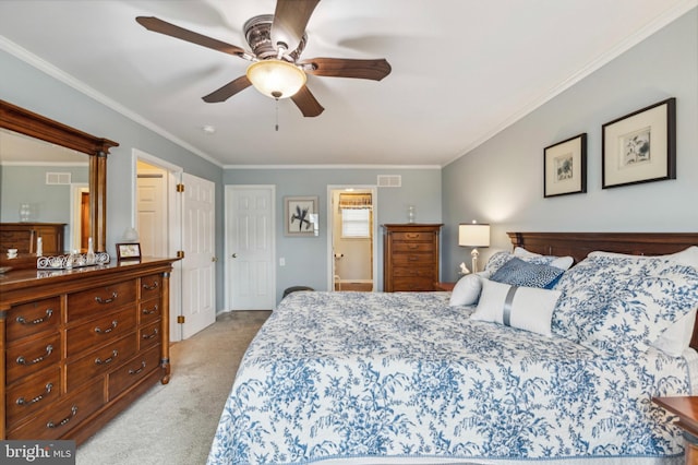 bedroom with light carpet, ornamental molding, and ceiling fan