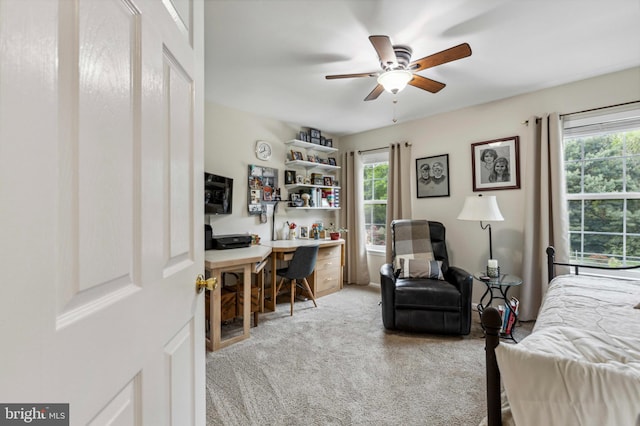 bedroom with carpet, an office area, and a ceiling fan