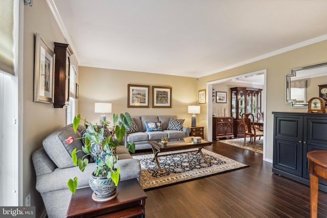 living room featuring ornamental molding and dark wood finished floors