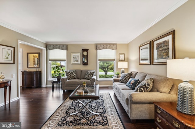 living room with ornamental molding, dark wood finished floors, and baseboards