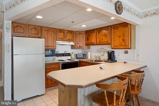 6109 Atlantic Ave Unit 201, Ocean City, MD 21842 - kitchen featuring freestanding refrigerator, under cabinet range hood, a sink, range with electric stovetop, and brown cabinets