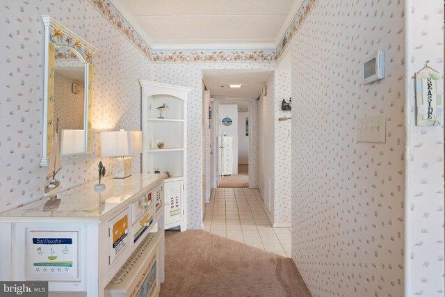 6109 Atlantic Ave Unit 201, Ocean City, MD 21842 - hall featuring wallpapered walls, light tile patterned flooring, ornamental molding, and light colored carpet