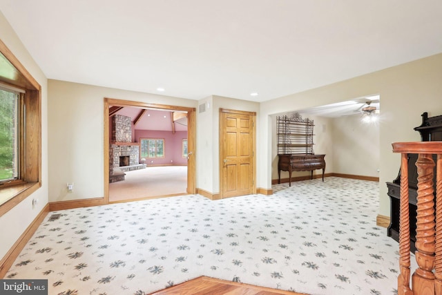 2619 New Falls Rd, Levittown, PA 19056 - carpeted bedroom with a stone fireplace, baseboards, and recessed lighting