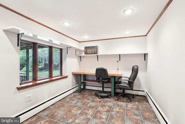 2619 New Falls Rd, Levittown, PA 19056 - home office with crown molding, baseboard heating, recessed lighting, baseboards, and a wall mounted air conditioner