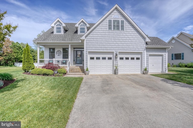 cape cod house featuring covered porch, a front lawn, driveway, roof with shingles, and a garage