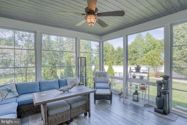 sunroom / solarium featuring ceiling fan and an outdoor hangout area