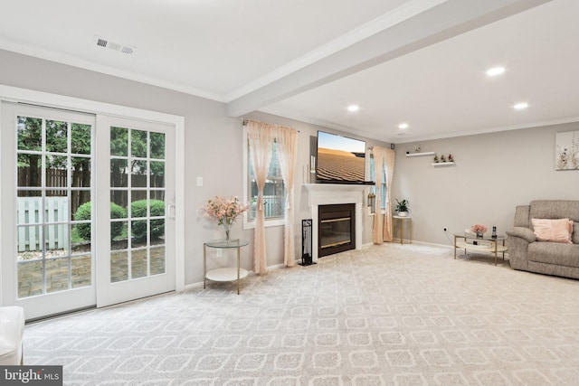 41 Fair Acres Ct, Princeton, NJ 08540 - living room featuring baseboards, ornamental molding, recessed lighting, a glass covered fireplace, and carpet flooring
