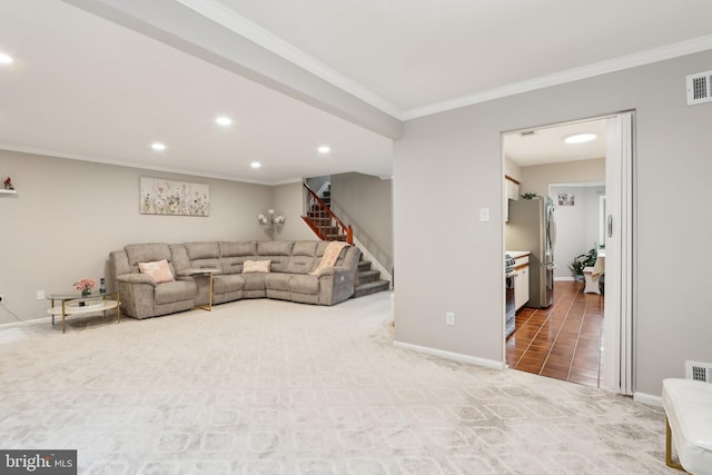 41 Fair Acres Ct, Princeton, NJ 08540 - carpeted living room featuring crown molding, stairway, recessed lighting, and baseboards